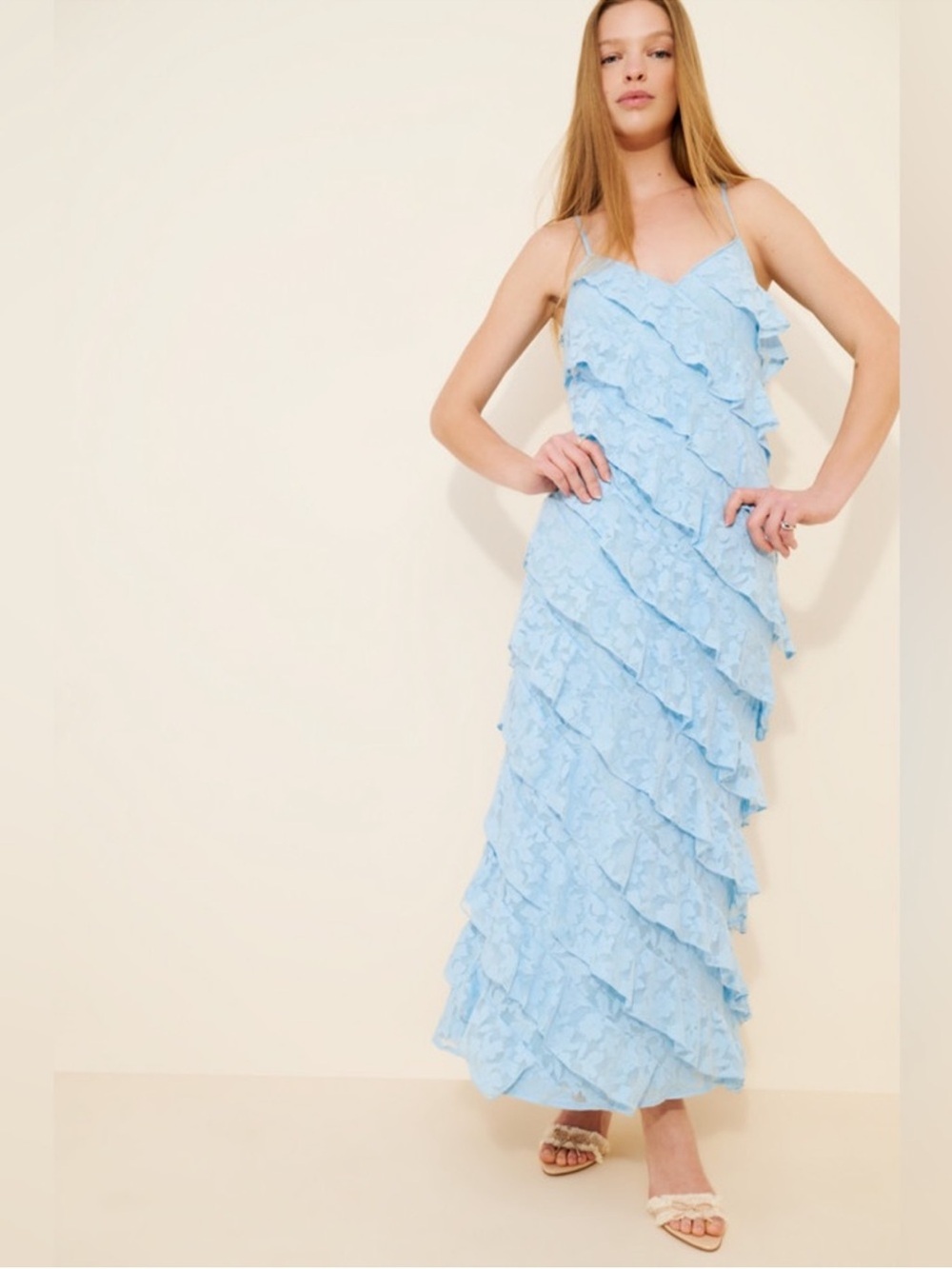 Saylor Dress Greta Ruffle Lace Maxi in Sky Blue - Picture 3 of 9